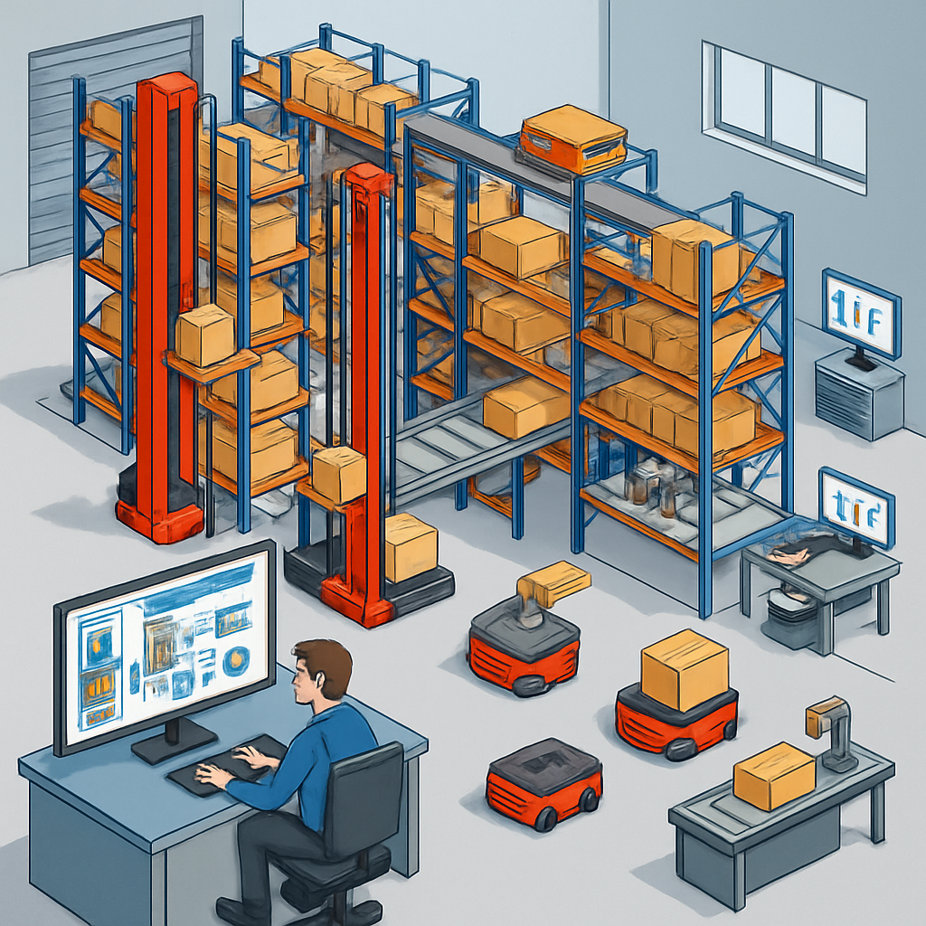 Questa immagine cattura una vista aerea di un magazzino completamente automatizzato, un modello di efficienza e innovazione. Le scaffalature imponenti, cariche di prodotti imballati, si estendono a perdita d'occhio, testimoniando la vasta capacità di stoccaggio. Al centro della scena, un complesso network di nastri trasportatori e bracci robotici è in azione, smistando pacchi e ottimizzando i flussi di lavoro. Si possono notare anche veicoli a guida automatica (AGV) che si muovono autonomamente sul pavimento lucido, trasportando pallet e merci tra le diverse zone. L'illuminazione a LED diffusa mette in risalto l'organizzazione meticolosa e la pulizia dell'ambiente, tipica dei moderni centri di distribuzione. L'insieme trasmette un senso di operatività continua e precisione, evidenziando come la tecnologia sia al servizio della logistica per massimizzare la produttività e ridurre gli errori.