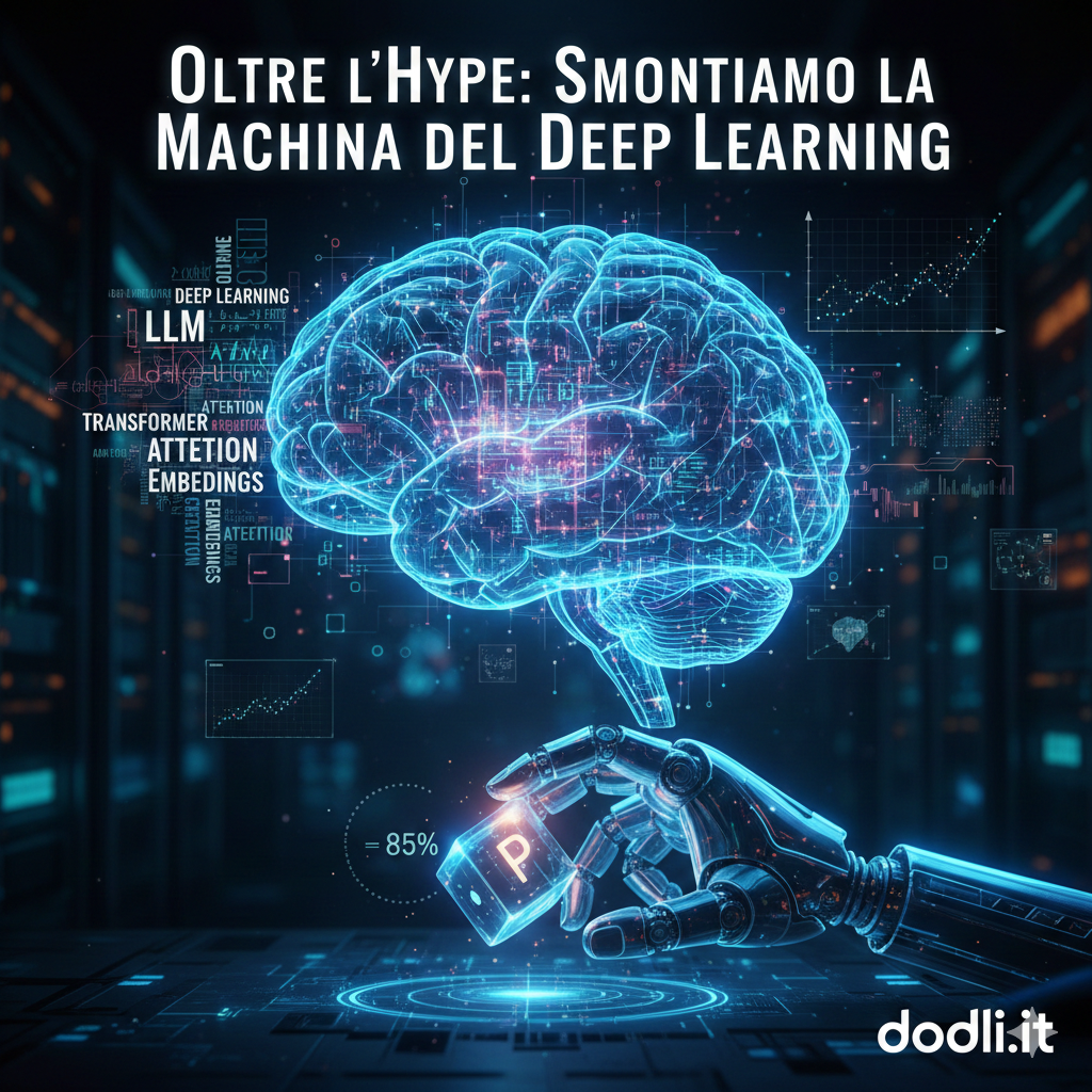 Infografica concettuale di un'Intelligenza Artificiale: un cervello digitale blu in stile ologramma con schemi di reti neurali. Intorno al cervello compaiono etichette di testo tecniche (Deep Learning, LLM, Attention, Embeddings). Sotto, una mano robotica tiene un dado digitale trasparente con la lettera P e il valore 85%, rappresentando il campionamento probabilistico dei token.