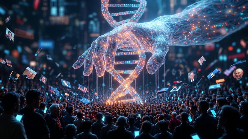 Illustrazione concettuale di un algoritmo di social media che influenza le opinioni politiche degli utenti, basata sullo studio Nature del 2026.