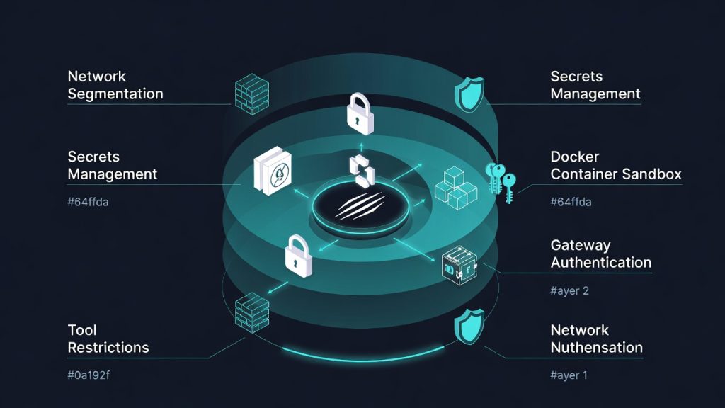 Defense-in-depth security architecture diagram for OpenClaw AI agent showing five protective layers: network segmentation, authentication gateway, tool restrictions, Docker sandboxing, and secrets management, rendered in enterprise dark blue and cyan color scheme.