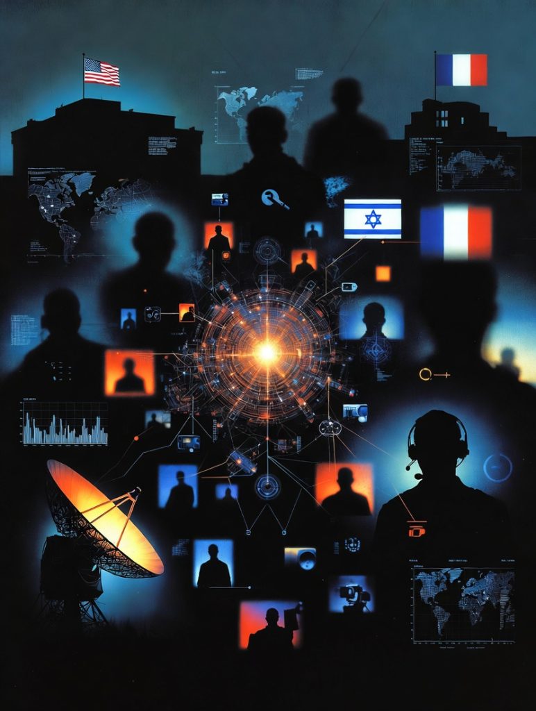 ete di intelligence collaborativa con sagome di analisti, bandiere USA, Francia e Israele, antenna satellitare e schermi dati per analisi ELINT e OSINT.
