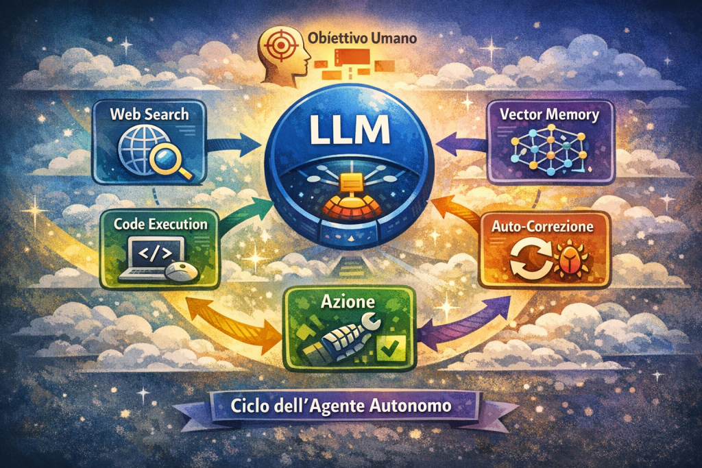 Schema architetturale di un agente AI autonomo: il nodo centrale LLM riceve un obiettivo umano e interagisce con strumenti di ricerca web, esecuzione codice e memoria vettoriale. Gli output mostrano le fasi di pianificazione, azione, auto-correzione e supervisione umana nel ciclo agente autonomo.