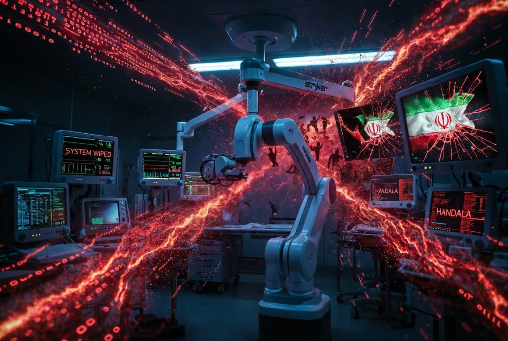 Attacco cyber iraniano wiper su Stryker 2026: sala operatoria high-tech colpita da malware distruttivo, braccio robotico chirurgico e monitor medici che si disintegrano in glitch rossi digitali – illustrazione di copertina articolo cybersecurity dodli.it