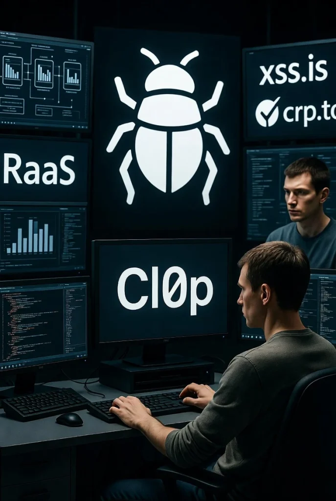 Un'illustrazione in stile cyber-tech che raffigura il profilo stilizzato di una cimice (bedbug) sovrapposto a flussi di codice binario e query SQL, affiancato da una console di comando che mostra uno script Python per l'analisi dei log IIS e indicatori di compromissione, evocando la natura infestante e la risposta tecnica al ransomware Cl0p.