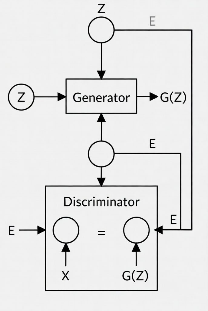 Schema architetturale di una rete neurale GAN: il Generatore trasforma rumore casuale in immagini sintetiche, il Discriminatore le valuta confrontandole con dati reali, il gradiente di errore aggiorna entrambe le reti in un ciclo adversariale continuo.