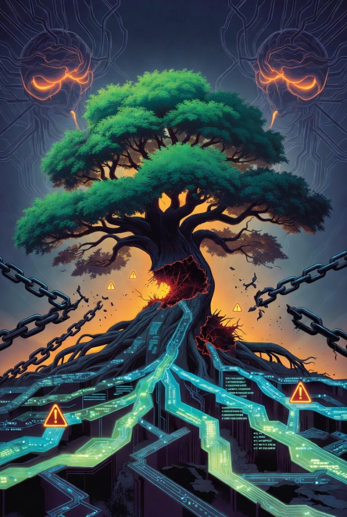 Illustrazione concettuale di un albero digitale con radici di codice che si deteriorano, simbolo della crisi di sicurezza dell'open source nell'era dell'AI