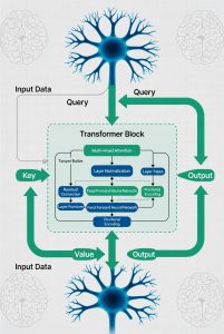 Infografica tecnica che mostra neuroni, pesi e il flusso di dati in un'architettura Transformer per l'intelligenza artificiale.