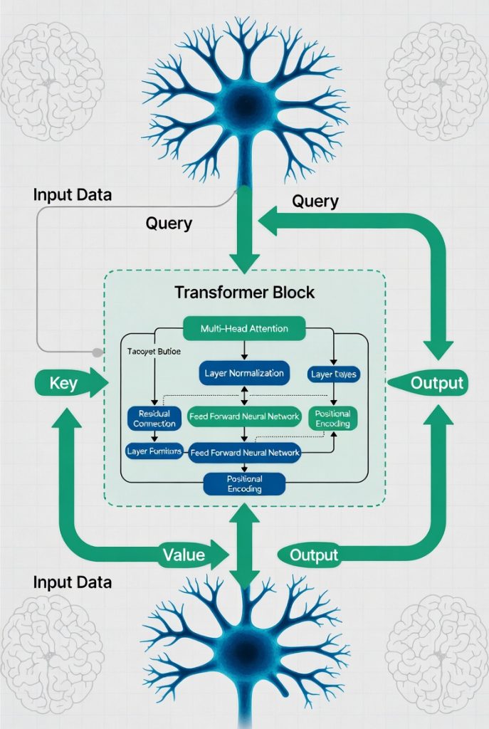 Infografica tecnica che mostra neuroni, pesi e il flusso di dati in un'architettura Transformer per l'intelligenza artificiale.