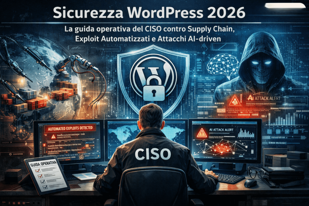 Guida operativa di un CISO alla sicurezza WordPress nel 2026: supply chain, exploit in 5 ore, kill chain, architettura immutabile, detection e NIS2.